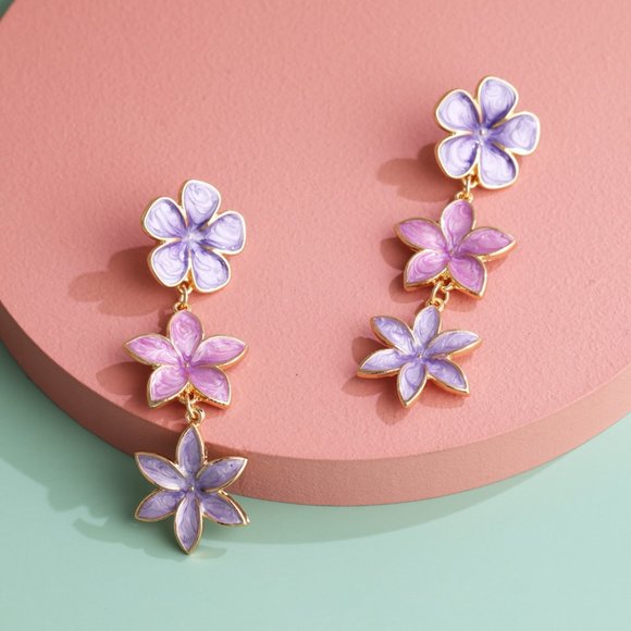 chichigems Jewelry - Three Tier Lilac Purple Floral Flower Drip Oil Enamel Drop Earrings NEW